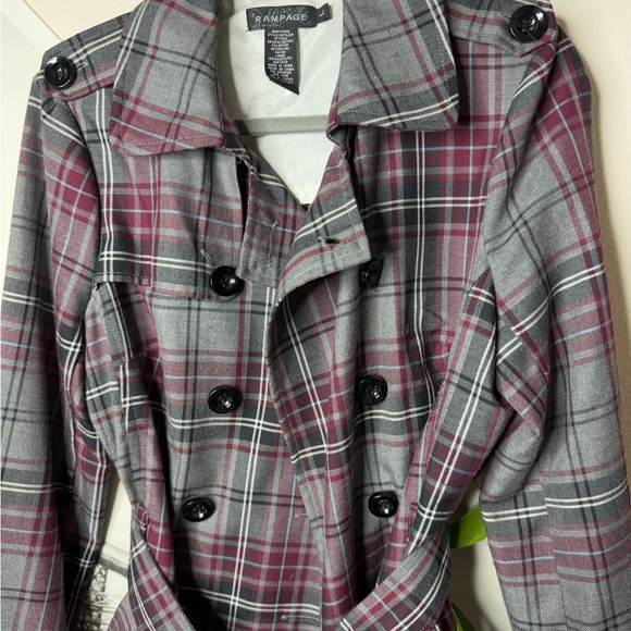 Rampage Gray and Red Plaid Trench Coat with Belt and Wide Lapels - Picture 6 of 10